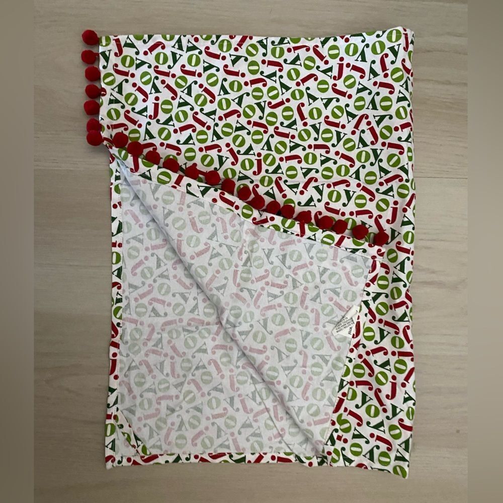 Crate & Barrel Joy Dishtowel with Red and Green Accents with Pom Poms